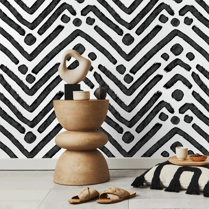 Geometric Wallpaper With A Hand-painted Chevron Motif In Black And White – X104