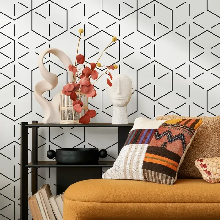 Geometric Wallpaper With A Hexagonal Line Pattern In Black – B153