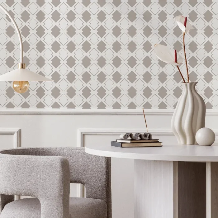 Geometric Wallpaper With A Minimalist Diamond Lattice In Taupe – C183