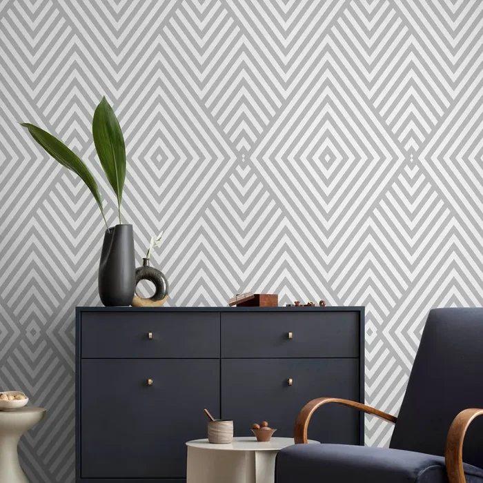 Geometric Wallpaper With A Minimalist Diamond Motif In Gray And White – A335