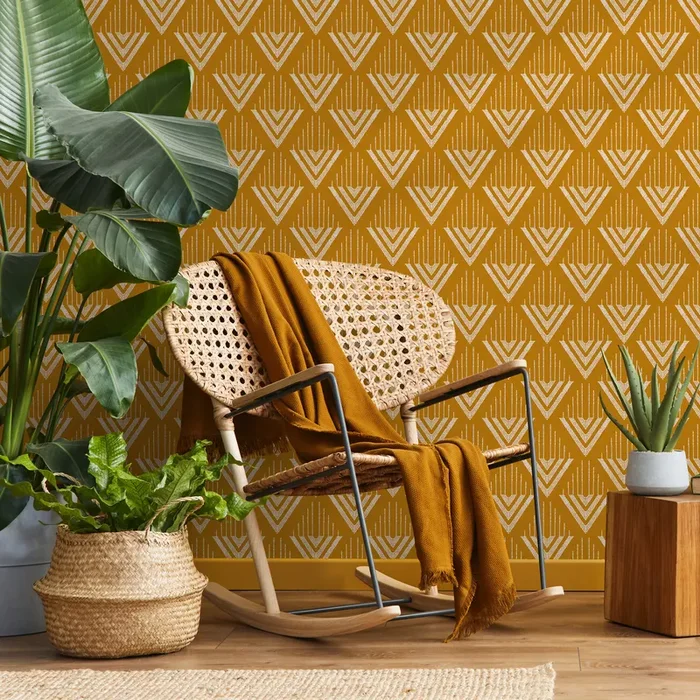 Geometric Wallpaper With A Repeating Chevron Motif In Mustard And White – C499