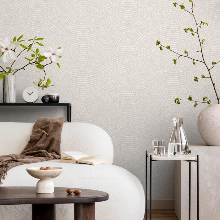 Geometric Wallpaper With A Scalloped Arch Motif In Beige And White – B971