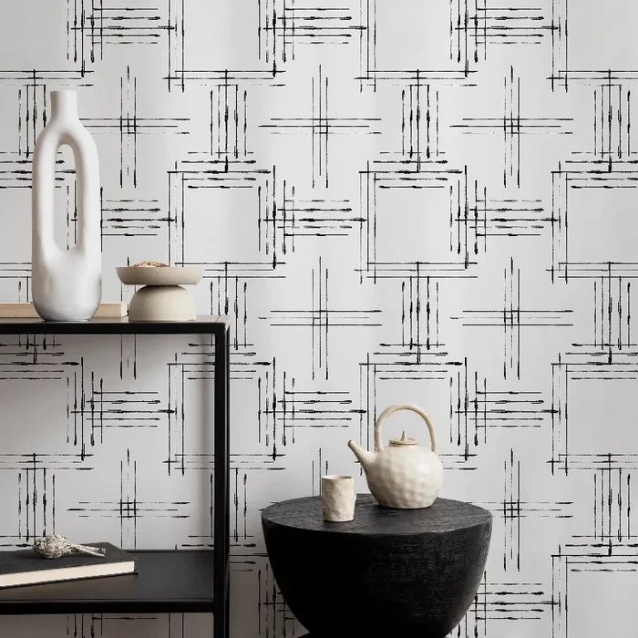 Geometric Wallpaper With A Sketched Grid Motif In Black And White – B992