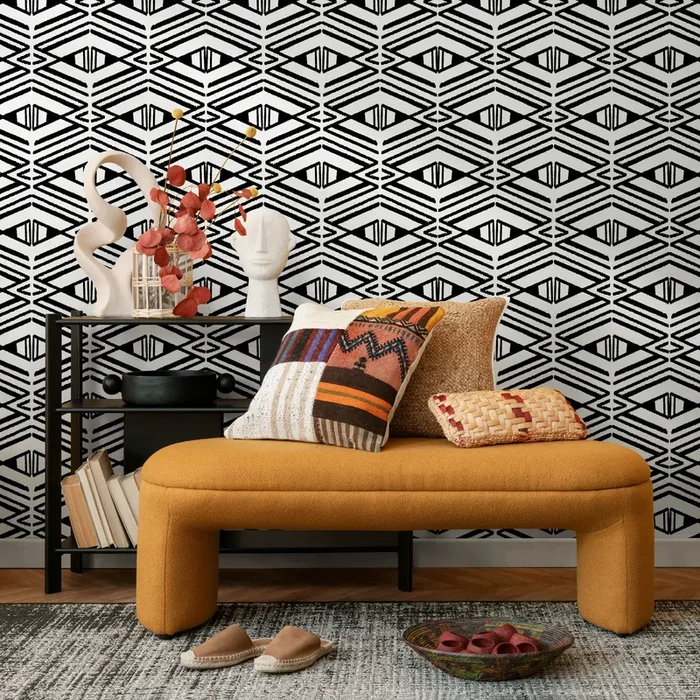 Geometric Wallpaper With A Stamped Diamond Motif In Black And White – C539