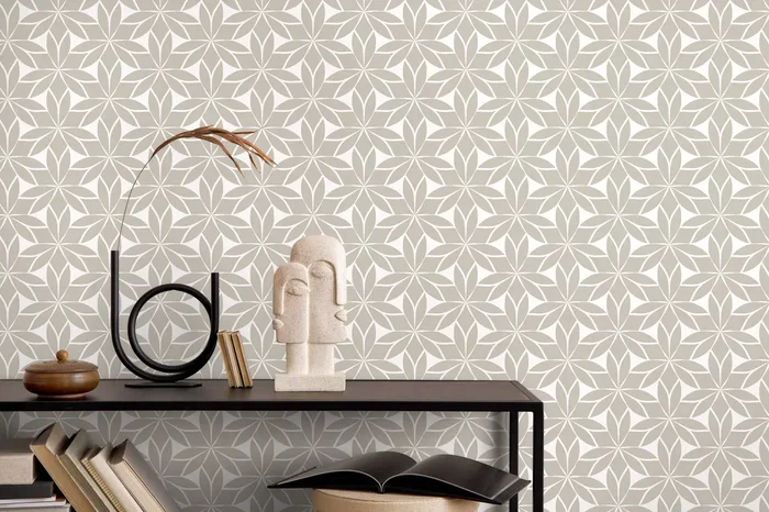 Geometric Wallpaper With A Stylized Floral Motif In Taupe – D174