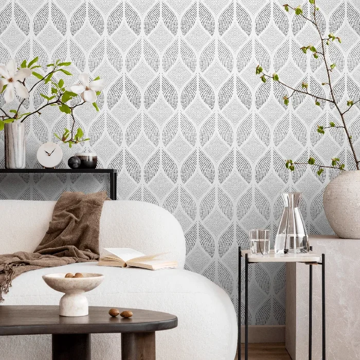 Geometric Wallpaper With A Textured Ogee Motif In Shades Of Gray – C370