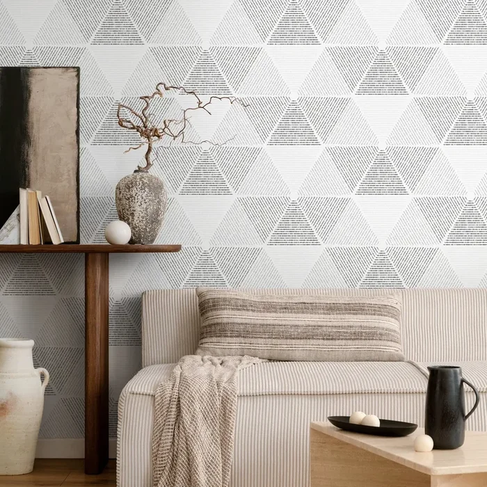 Geometric Wallpaper With A Textured Triangle Motif In Black, Gray, And White – A438