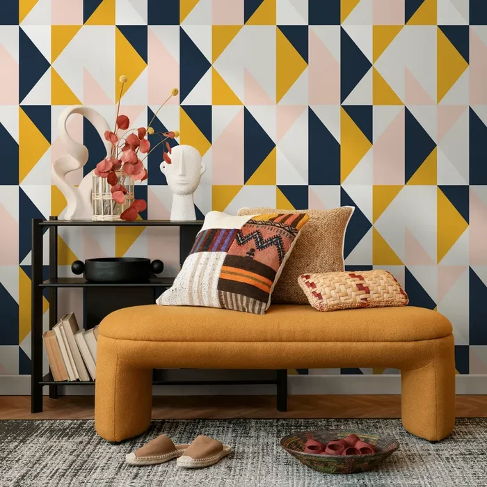 Geometric Wallpaper With A Triangle Grid In Navy, Yellow, And Pink – B847