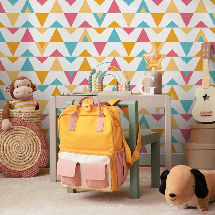 Geometric Wallpaper With A Triangle Pattern In Yellow, Pink, And Blue – D997