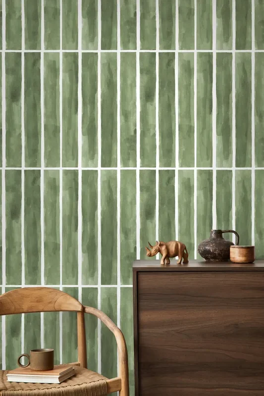 Geometric Wallpaper With A Watercolor Tile Motif In Green And White – D325