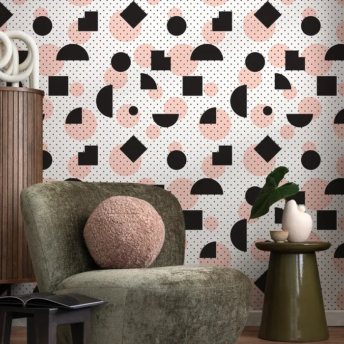 Geometric Wallpaper With Abstract Shapes And Polka Dots In Black And Pink – A075