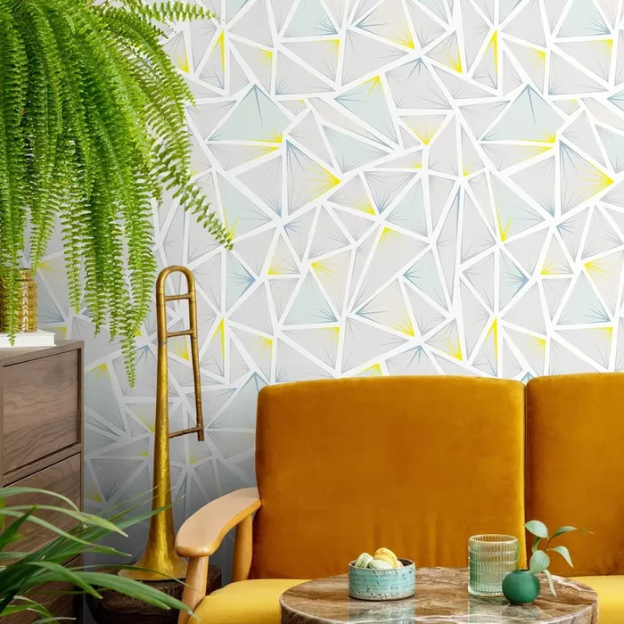 Geometric Wallpaper With An Abstract Triangle Motif In Gray, Blue, And Yellow – A334