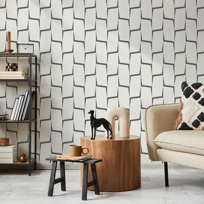Geometric Wallpaper With An Interlocking Block Motif In Gray And Beige – C561