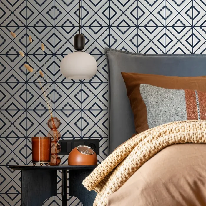 Geometric Wallpaper With An Interlocking Diamond Motif In Dark Blue And Gray – B102