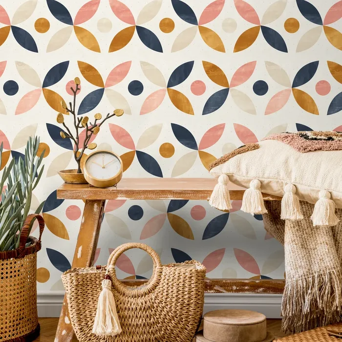 Geometric Wallpaper With An Interlocking Petal Motif In Navy Blue, Pink, And Mustard – A733