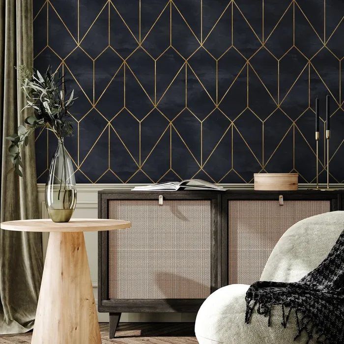 Geometric Wallpaper With Art Deco Lines In Dark Blue And Gold – A540