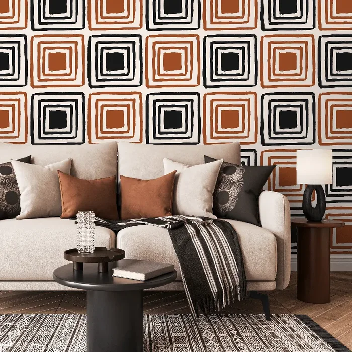 Geometric Wallpaper With Hand-drawn Squares In Black And Terracotta – B464