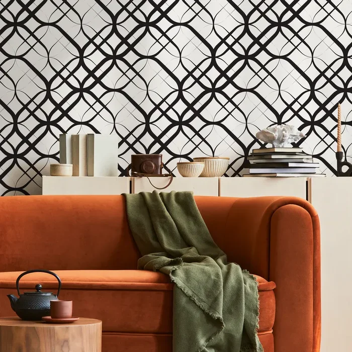 Geometric Wallpaper With Intersecting Curves In Black And White – B684