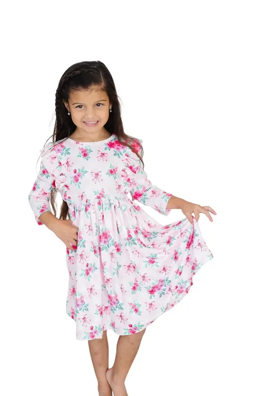 Gingham Bows 3/4 Sleeve Ruffle Twirl Dress