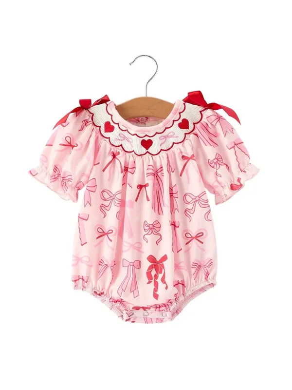 Girls’ Valentine’s Day Heart Bow Embroidered Baby Romper