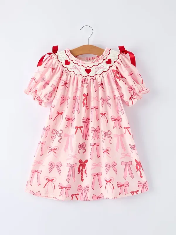 Girls’ Valentine’s Day Heart Bow Embroidered Dress