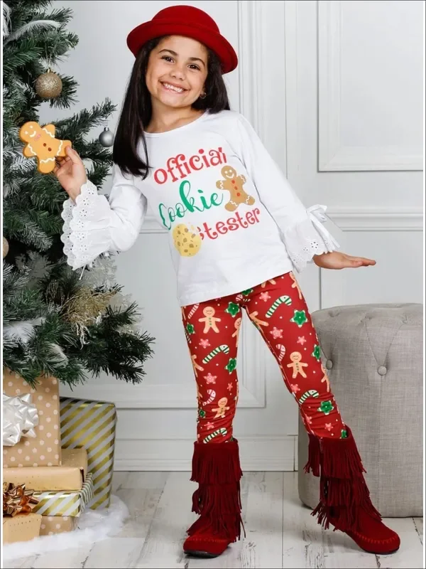 Girls Long Lace Bell Sleeve “Official Cookie Tester ” Top And Gingerbread Print Legging Set