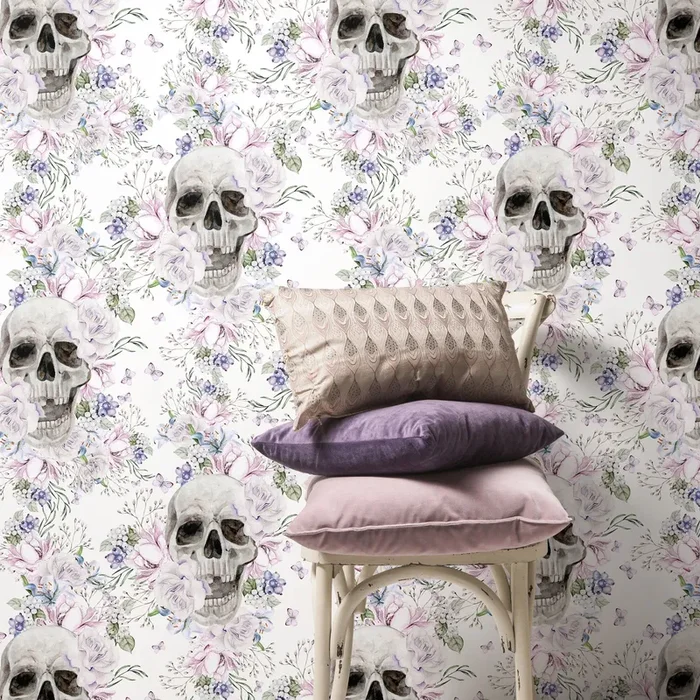 Gothic Wallpaper With A Floral Skull Motif In Gray, Pink, And Lavender – D930