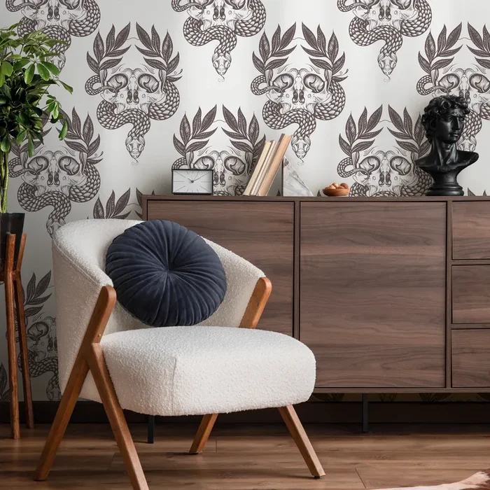 Gothic Wallpaper With A Snake And Skull Damask In Charcoal Brown – C720