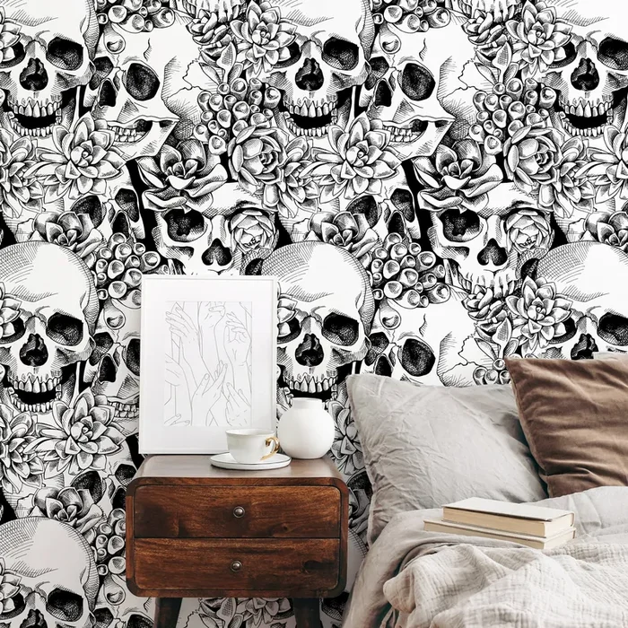 Gothic Wallpaper With Skulls And Succulents In Black And White – D866