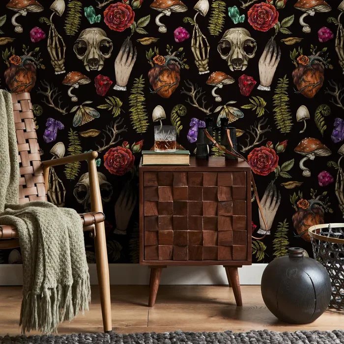 Gothic Wallpaper With Skulls, Roses, And Crystals In Red And Green – D931