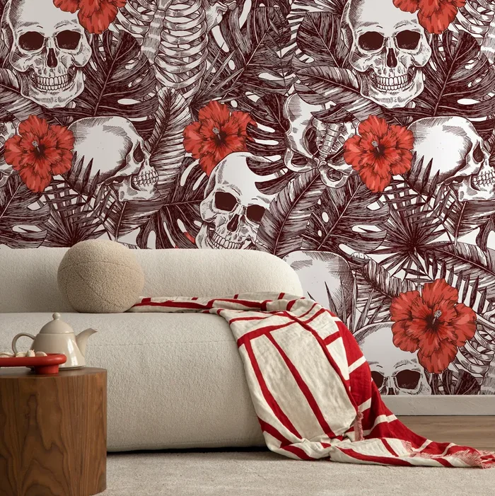 Gothic Wallpaper With Tropical Skulls And Hibiscus Flowers In Brown And Red – A445