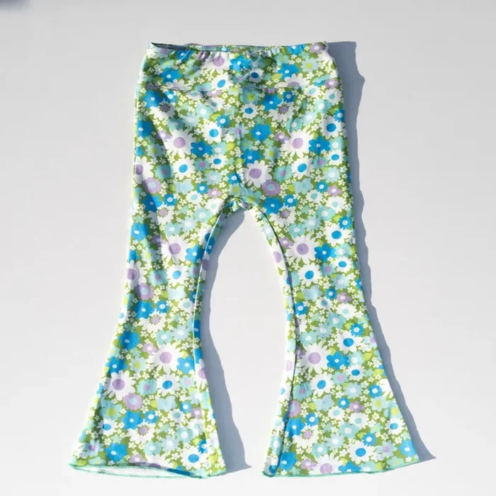 Green And Blue Flower Power Jersey Knit Bell Bottoms For Babies, Toddlers And Girls