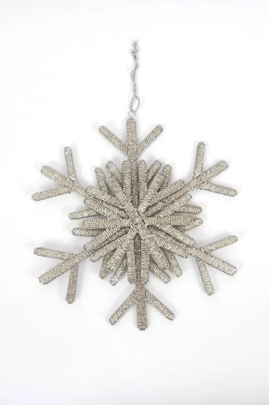 Hand Beaded Modern Snowflake Ornament Silver – 10 “