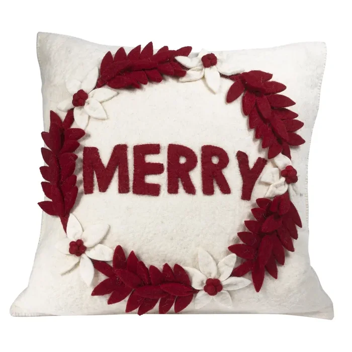 Hand Felted Wool Christmas Pillow – Merry Wreath Cream – 20 “