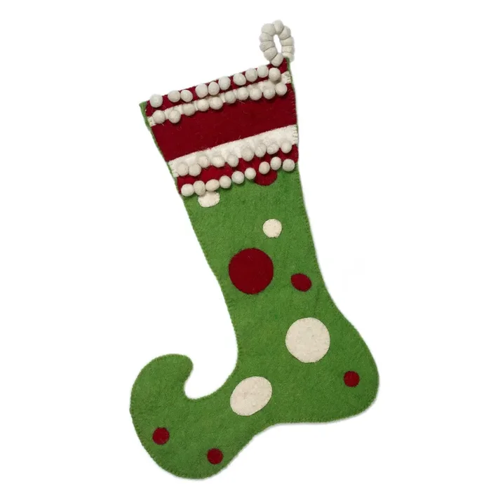 Hand Felted Wool Christmas Stocking – Green Jester With Red