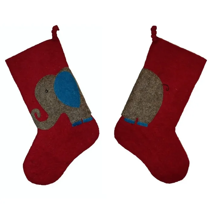 Hand Felted Wool Kids Christmas Stocking – Double Sided Elephant Stocking On Red