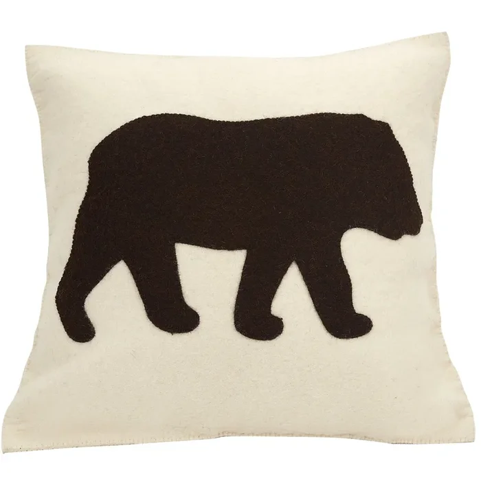 Hand Felted Wool Pillow – Brown Bear Silhouette Cream – 20 “