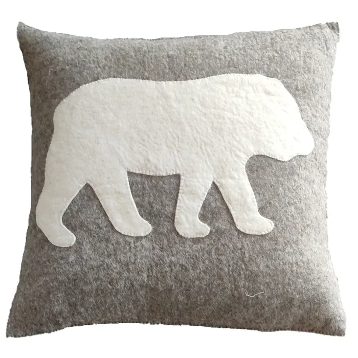 Hand Felted Wool Pillow – Cream Bear Silhouette Gray – 20 “