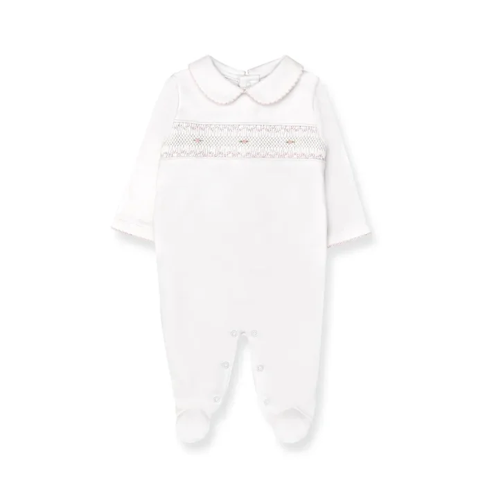 Hand Smocked Pima Playsuit, White & Pink