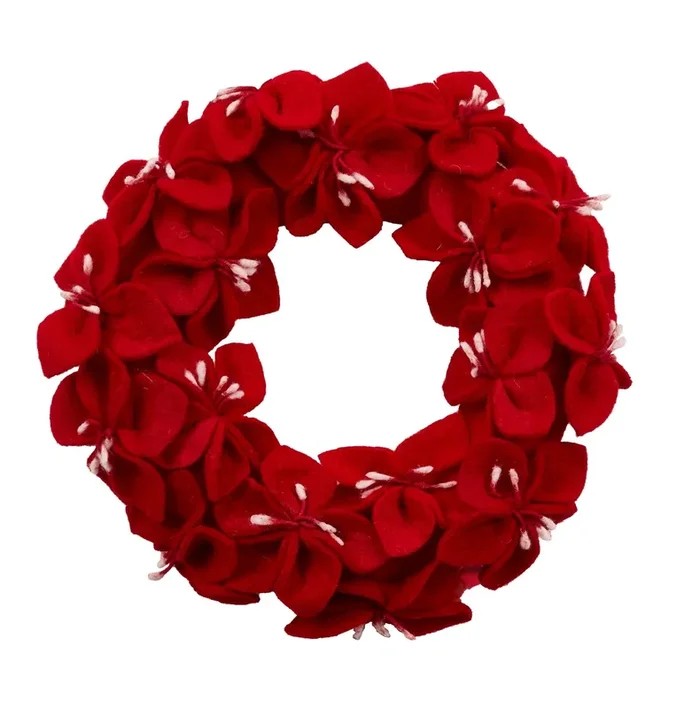 Handmade Hand Felted Wool Wreath – Red Amaryllis Flowers – 14 “