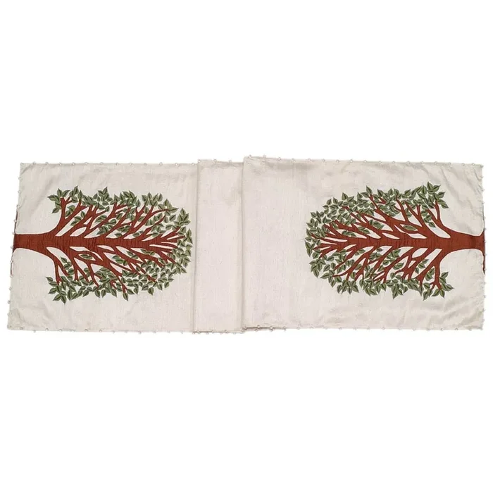 Handmade Ivory Silk Table Runner Tree Of Life Embroidery And Hand Beading – 18×72 “