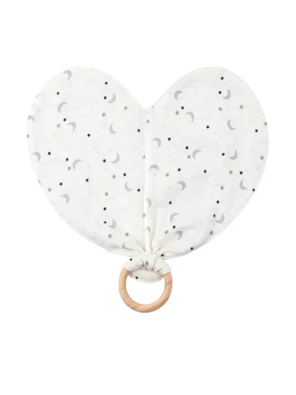 Heart Lovey with Teething Ring, Grey Muslin Starry Night