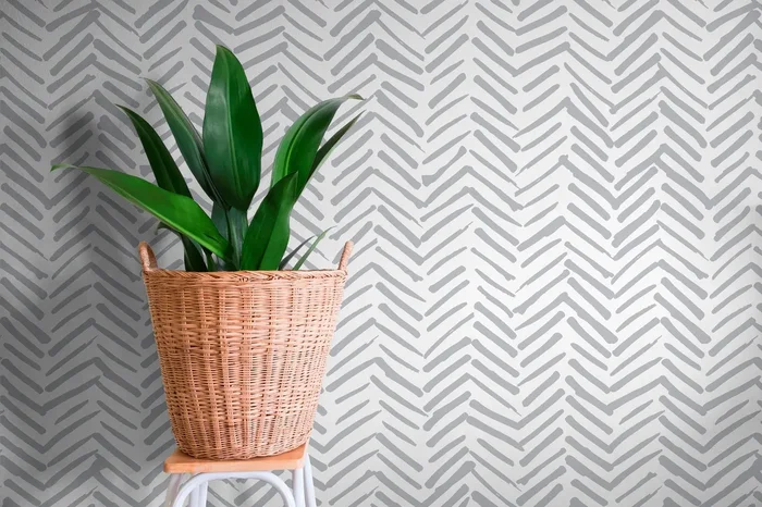 Herringbone Wallpaper With A Hand-drawn Motif In Grey – A408