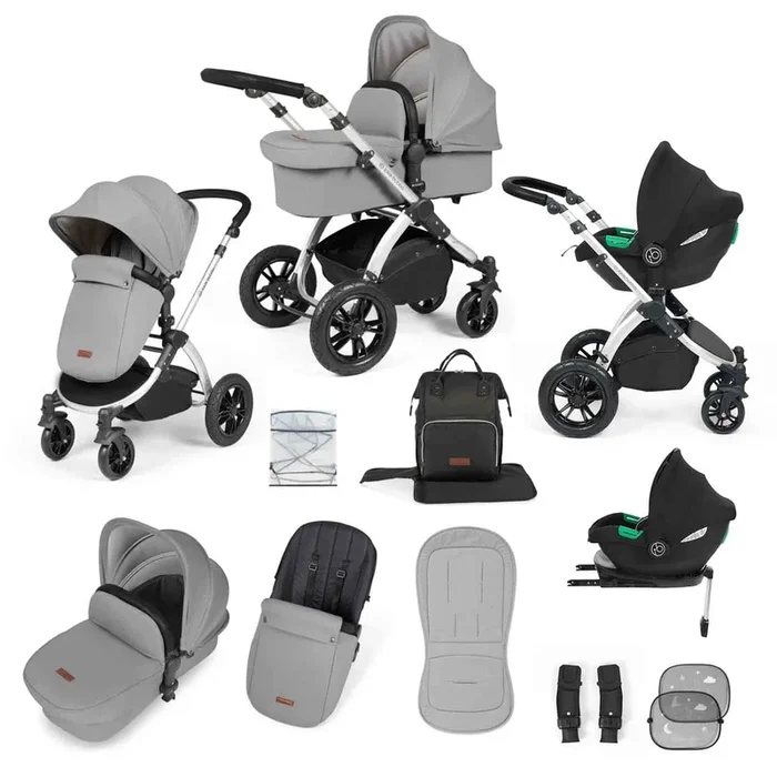 Ickle Bubba Stomp Luxe 12 Piece Travel System with i-Size Cirrus Car Seat & ISOFIX Base – Silver / Pearl Grey / Black