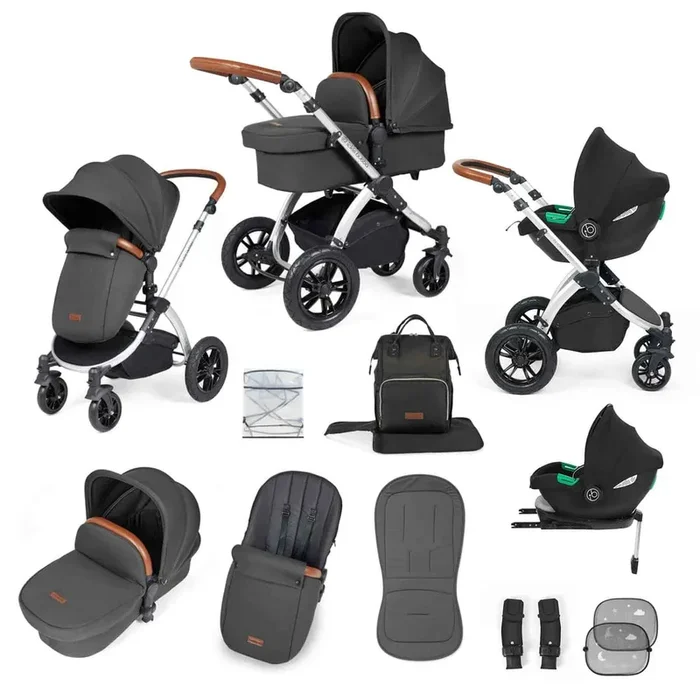 Ickle Bubba Stomp Luxe 12 Piece Travel System with i-Size Cirrus Car Seat & ISOFIX Base – Silver / Charcoal Grey / Tan
