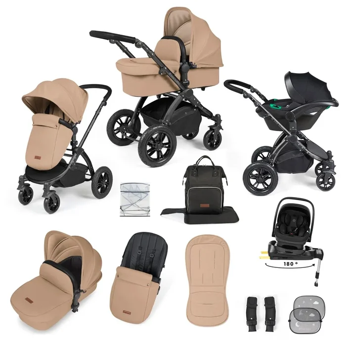 Ickle Bubba Stomp Luxe 12 Piece Travel System with i-Size Nimbus Car Seat & Spin ISOFIX Base – Black / Desert / Black