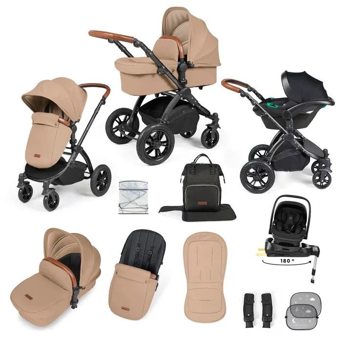 Ickle Bubba Stomp Luxe 12 Piece Travel System with i-Size Nimbus Car Seat & Spin ISOFIX Base – Black / Desert / Tan