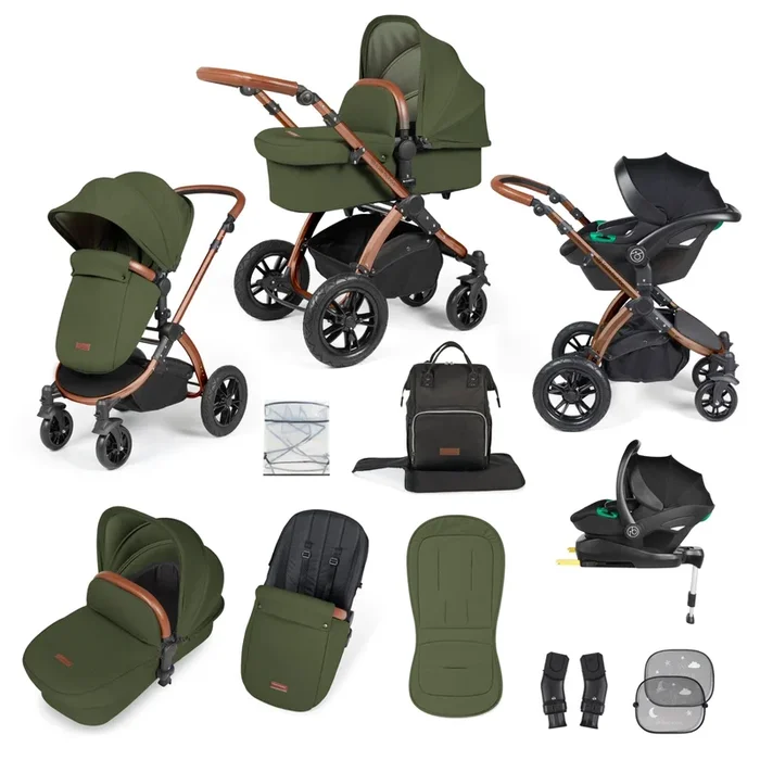 Ickle Bubba Stomp Luxe 12 Piece Travel System with i-Size Stratus Car Seat & ISOFIX Base – Bronze / Woodland / Tan
