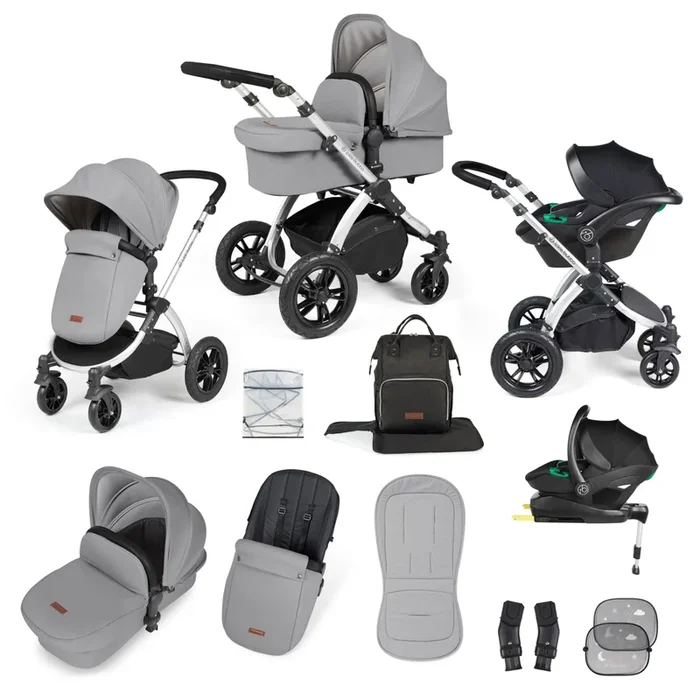 Ickle Bubba Stomp Luxe 12 Piece Travel System with i-Size Stratus Car Seat & ISOFIX Base – Silver / Pearl Grey / Black