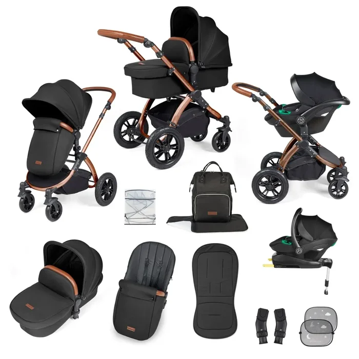 Ickle Bubba Stomp Luxe 12 Piece Travel System with i-Size Stratus Car Seat & ISOFIX Base – Bronze / Midnight / Tan